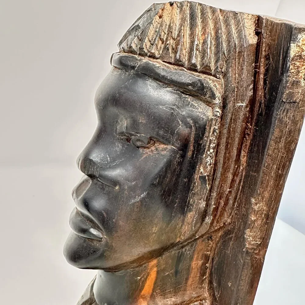 Vintage African Ironwood Bookends Hand Carved Wood Tribal Head Bust Male Female